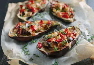 Aubergine stuffed with cheese and "Palacios" chorizo (spicy pork sausage)