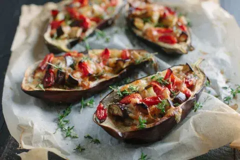 Aubergine stuffed with cheese and "Palacios" chorizo (spicy pork sausage)