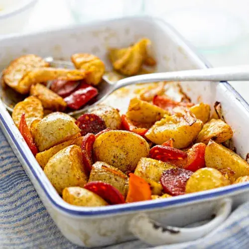 Roast potatoes, with chorizo and red peppers